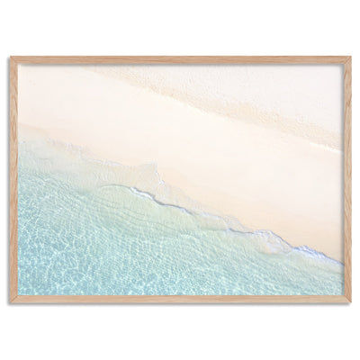 From Above | Whitehaven Beach - Art Print, Poster, Stretched Canvas, or Framed Wall Art Print, shown in a natural timber frame