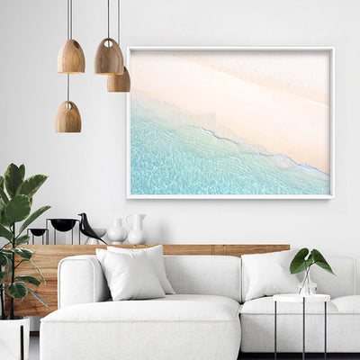 From Above | Whitehaven Beach - Art Print, Poster, Stretched Canvas or Framed Wall Art Prints, shown framed in a room