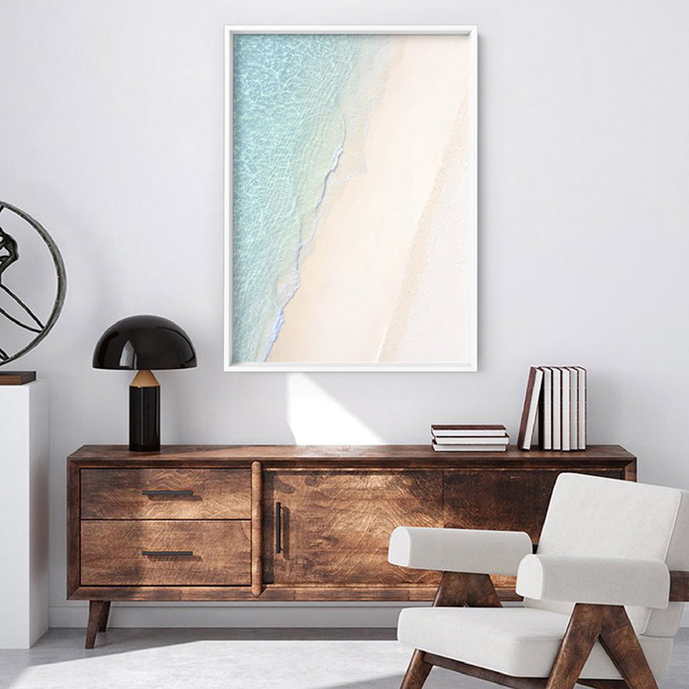 From Above | Whitehaven Beach - Art Print, Poster, Stretched Canvas or Framed Wall Art, shown framed in a home interior space