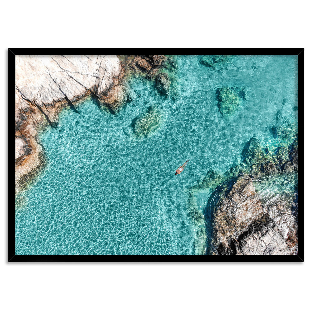 Turquoise Holiday Swim - Art Print, Poster, Stretched Canvas, or Framed Wall Art Print, shown in a black frame