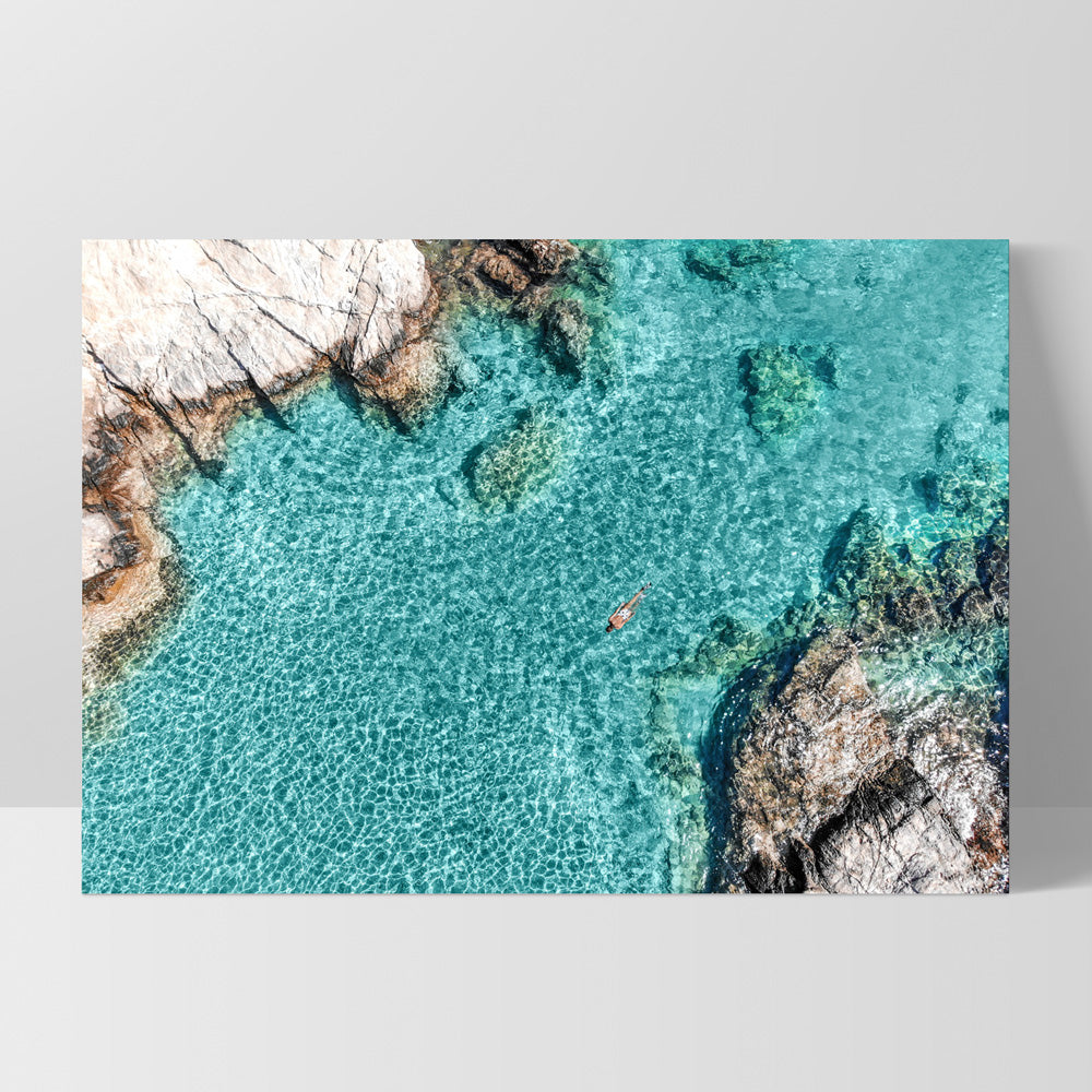 Turquoise Holiday Swim - Art Print, Poster, Stretched Canvas, or Framed Wall Art Print, shown as a stretched canvas or poster without a frame