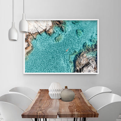 Turquoise Holiday Swim - Art Print, Poster, Stretched Canvas or Framed Wall Art Prints, shown framed in a room