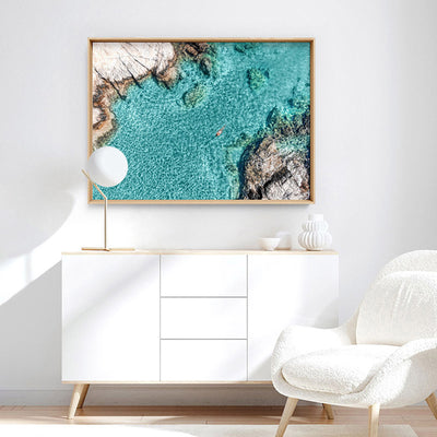 Turquoise Holiday Swim - Art Print, Poster, Stretched Canvas or Framed Wall Art, shown framed in a home interior space