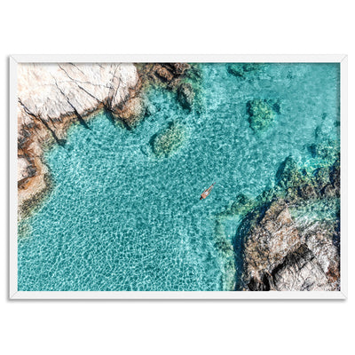 Turquoise Holiday Swim - Art Print, Poster, Stretched Canvas, or Framed Wall Art Print, shown in a white frame
