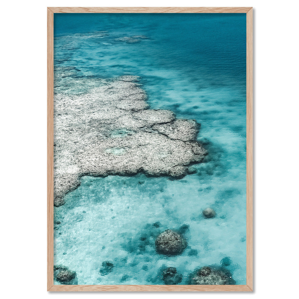 From Above | Coral Reef II - Art Print, Poster, Stretched Canvas, or Framed Wall Art Print, shown in a natural timber frame
