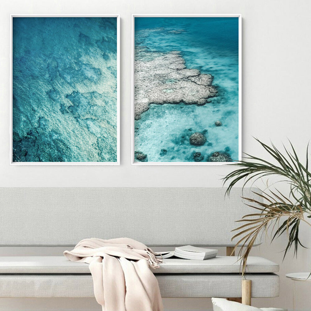 From Above | Coral Reef II - Art Print, Poster, Stretched Canvas or Framed Wall Art, shown framed in a home interior space