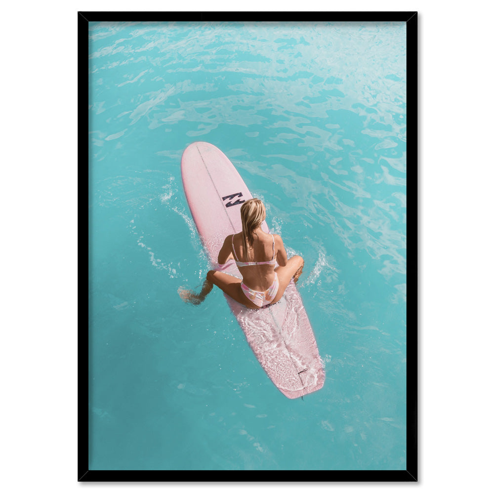 Surfer Girl | Pink Surfboard - Art Print, Poster, Stretched Canvas, or Framed Wall Art Print, shown in a black frame