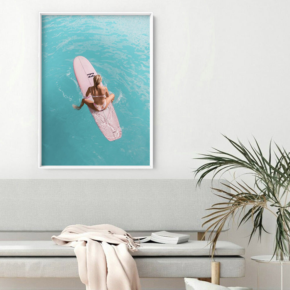 Surfer Girl | Pink Surfboard - Art Print, Poster, Stretched Canvas or Framed Wall Art Prints, shown framed in a room