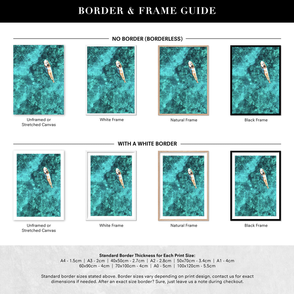 Aerial Ocean Surfer Girl - Art Print, Poster, Stretched Canvas or Framed Wall Art, Showing White , Black, Natural Frame Colours, No Frame (Unframed) or Stretched Canvas, and With or Without White Borders