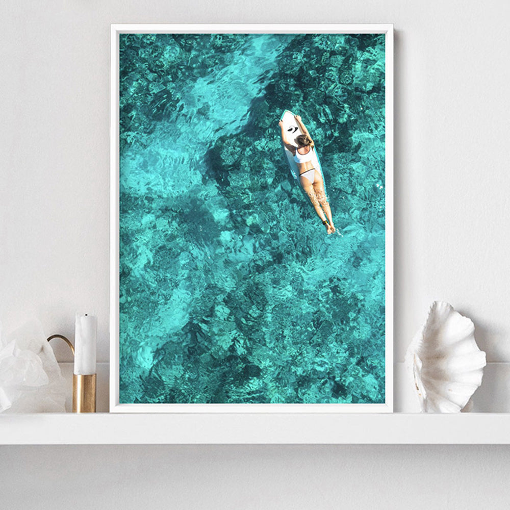 Aerial Ocean Surfer Girl - Art Print, Poster, Stretched Canvas or Framed Wall Art Prints, shown framed in a room
