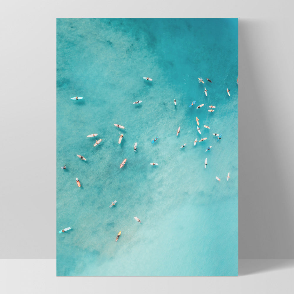 Aerial Ocean Surfers I - Art Print, Poster, Stretched Canvas, or Framed Wall Art Print, shown as a stretched canvas or poster without a frame