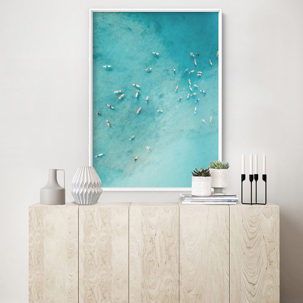Aerial Ocean Surfers I - Art Print, Poster, Stretched Canvas or Framed Wall Art Prints, shown framed in a room