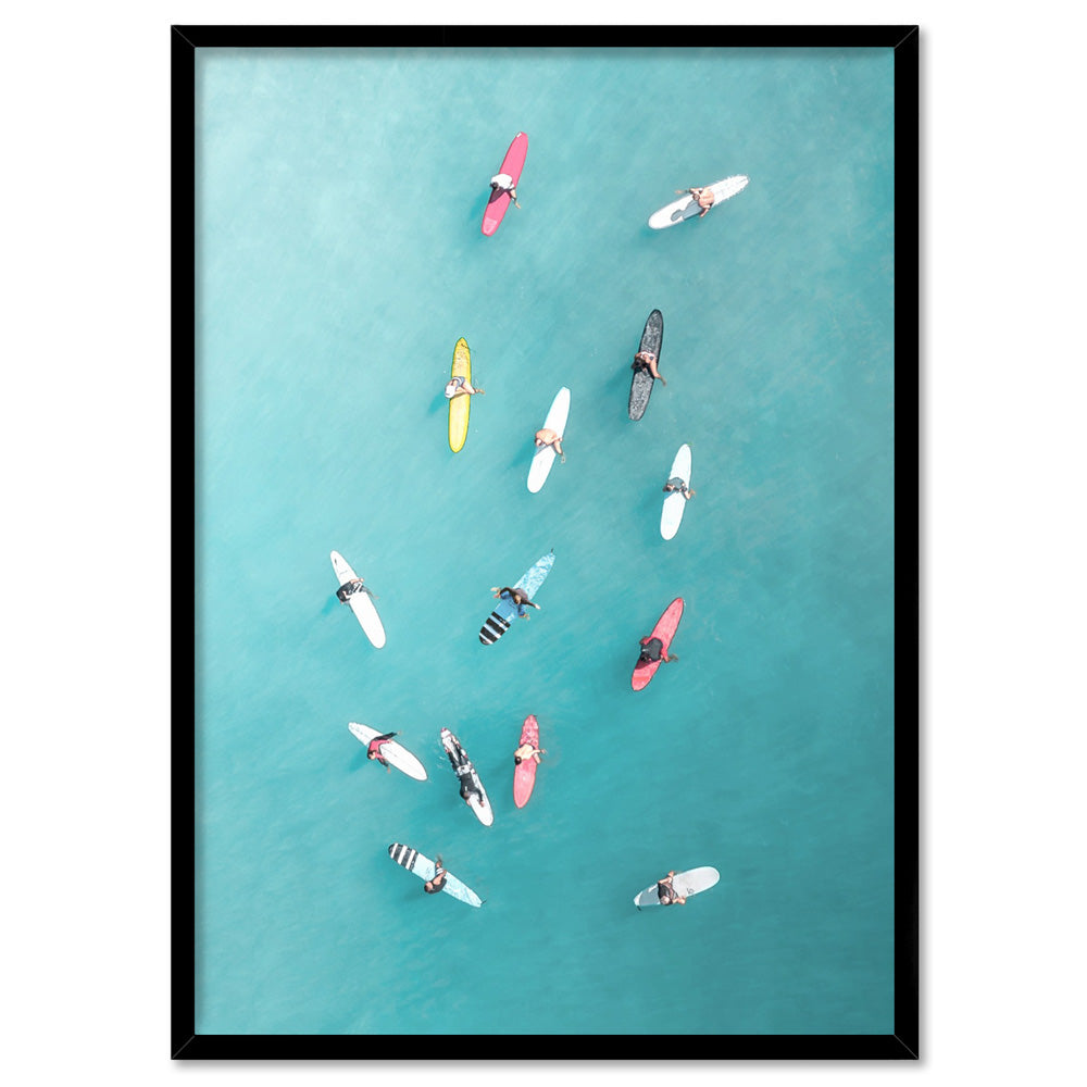 Aerial Ocean Surfers II - Art Print, Poster, Stretched Canvas, or Framed Wall Art Print, shown in a black frame