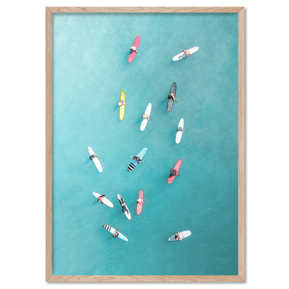 Aerial Ocean Surfers II - Art Print, Poster, Stretched Canvas, or Framed Wall Art Print, shown in a natural timber frame