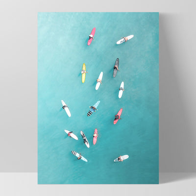 Aerial Ocean Surfers II - Art Print, Poster, Stretched Canvas, or Framed Wall Art Print, shown as a stretched canvas or poster without a frame