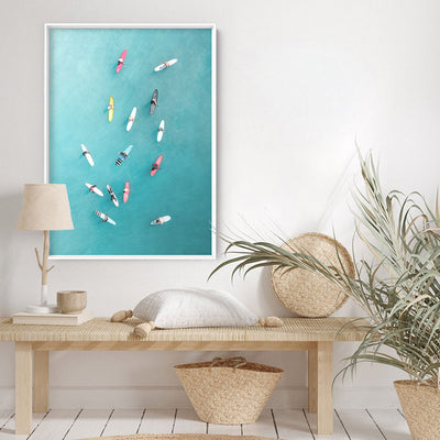 Aerial Ocean Surfers II - Art Print, Poster, Stretched Canvas or Framed Wall Art Prints, shown framed in a room