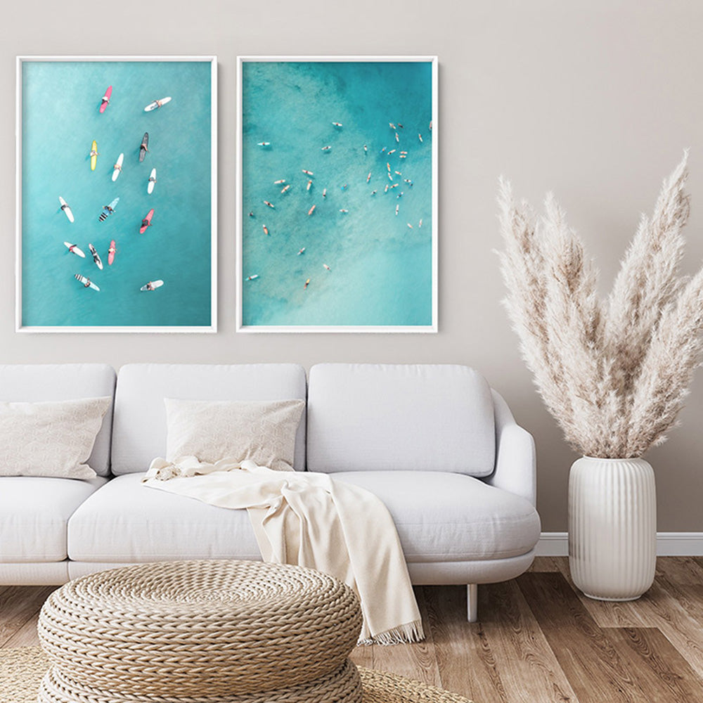 Aerial Ocean Surfers II - Art Print, Poster, Stretched Canvas or Framed Wall Art, shown framed in a home interior space