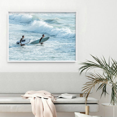 Two Ocean Surfers - Art Print, Poster, Stretched Canvas or Framed Wall Art Prints, shown framed in a room