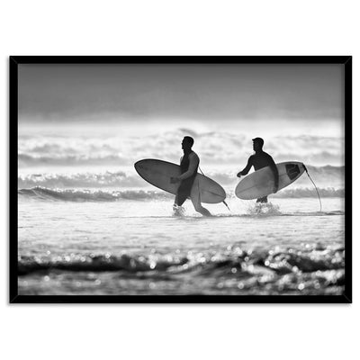 Two Ocean Surfers B&W - Art Print, Poster, Stretched Canvas, or Framed Wall Art Print, shown in a black frame