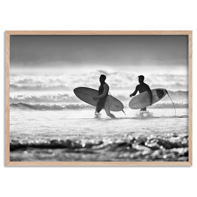 Two Ocean Surfers B&W - Art Print, Poster, Stretched Canvas, or Framed Wall Art Print, shown in a natural timber frame