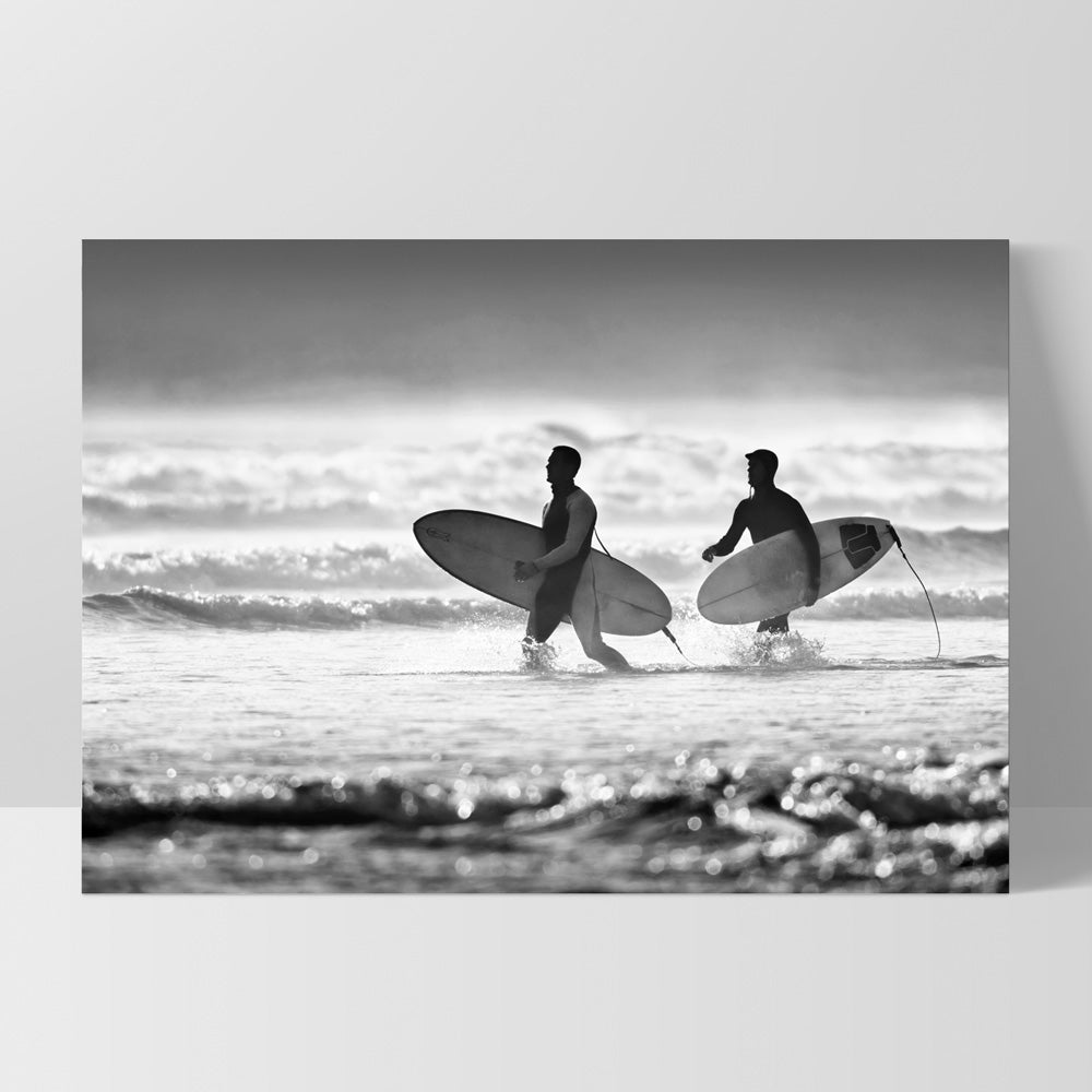 Two Ocean Surfers B&W - Art Print, Poster, Stretched Canvas, or Framed Wall Art Print, shown as a stretched canvas or poster without a frame