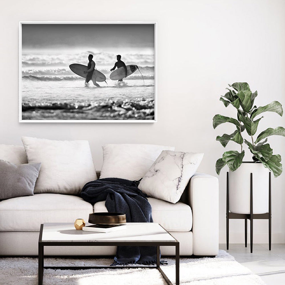 Two Ocean Surfers B&W - Art Print, Poster, Stretched Canvas or Framed Wall Art Prints, shown framed in a room
