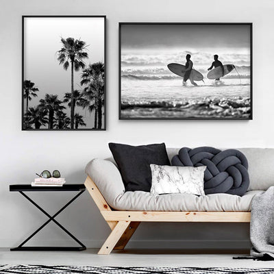 Two Ocean Surfers B&W - Art Print, Poster, Stretched Canvas or Framed Wall Art, shown framed in a home interior space