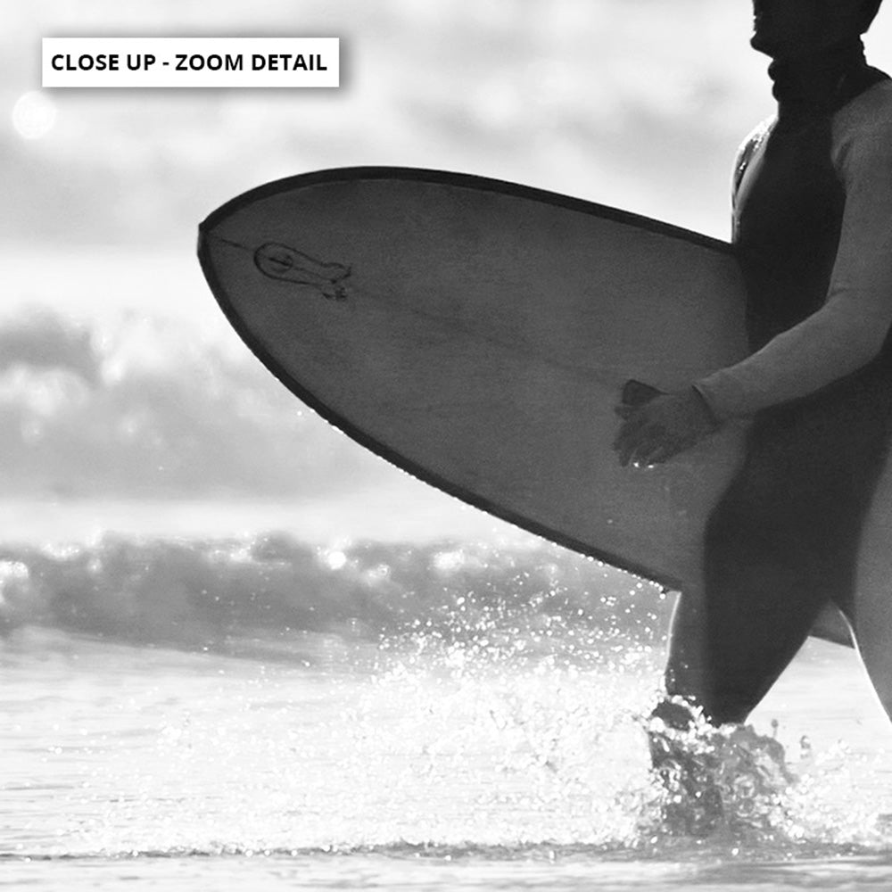 Two Ocean Surfers B&W - Art Print, Poster, Stretched Canvas or Framed Wall Art, Close up View of Print Resolution