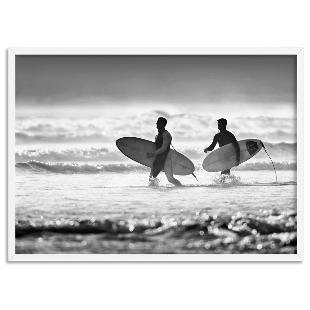 Two Ocean Surfers B&W - Art Print, Poster, Stretched Canvas, or Framed Wall Art Print, shown in a white frame