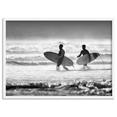 Two Ocean Surfers B&W - Art Print, Poster, Stretched Canvas, or Framed Wall Art Print, shown in a white frame