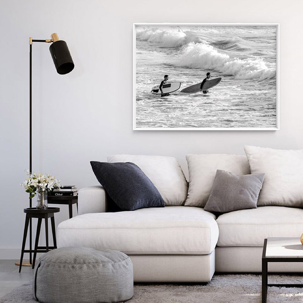 Two Ocean Surfers B&W II - Art Print, Poster, Stretched Canvas or Framed Wall Art Prints, shown framed in a room