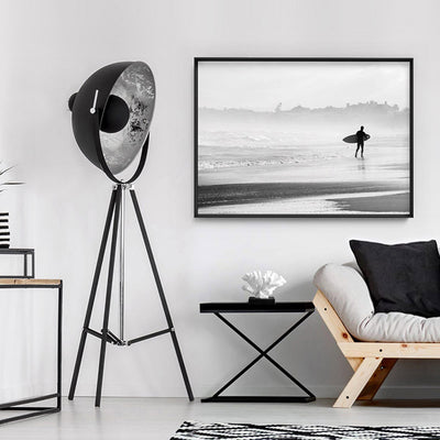 Lone Ocean Surfer B&W I - Art Print, Poster, Stretched Canvas or Framed Wall Art Prints, shown framed in a room