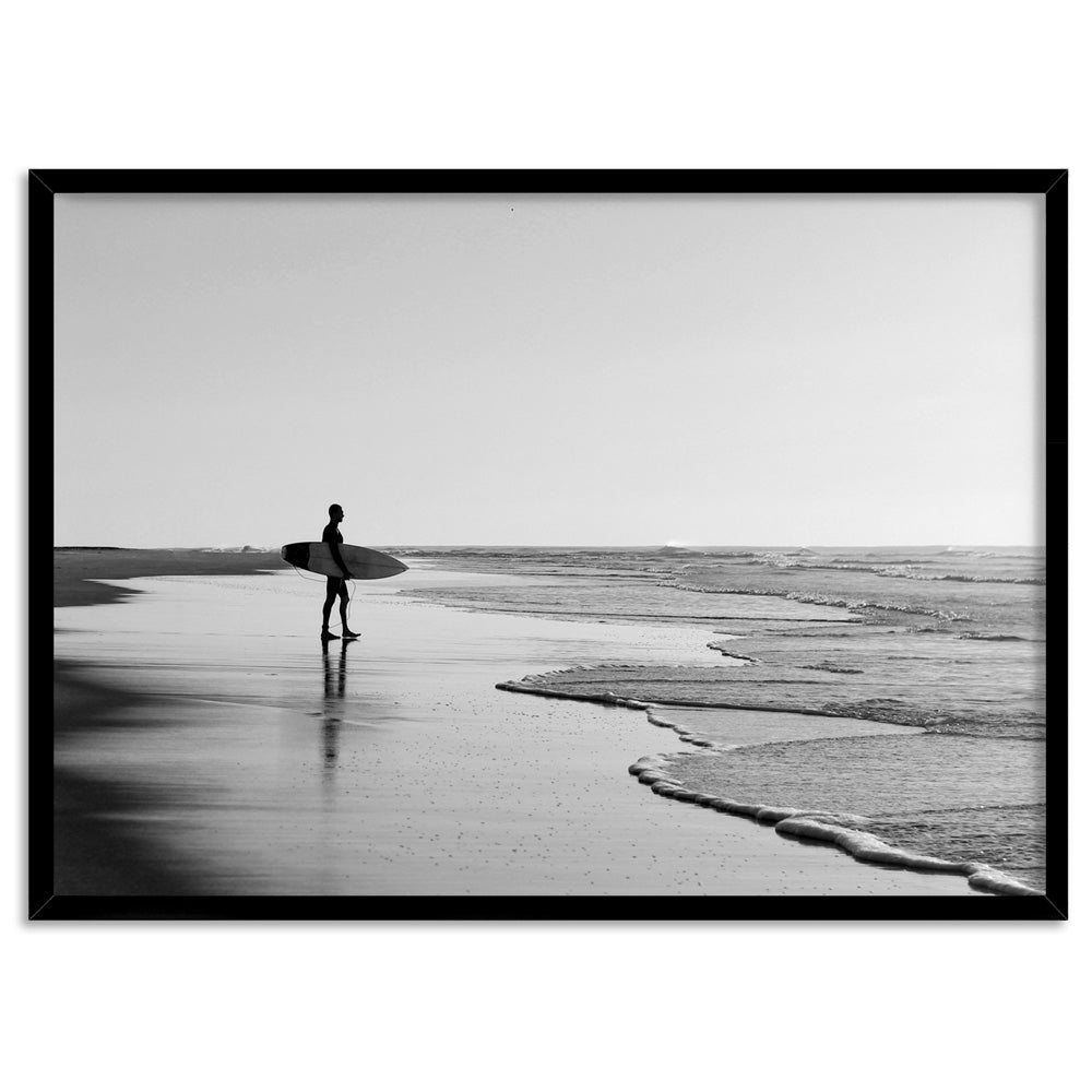 Lone Ocean Surfer B&W II - Art Print, Poster, Stretched Canvas, or Framed Wall Art Print, shown in a black frame
