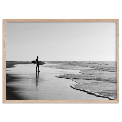 Lone Ocean Surfer B&W II - Art Print, Poster, Stretched Canvas, or Framed Wall Art Print, shown in a natural timber frame