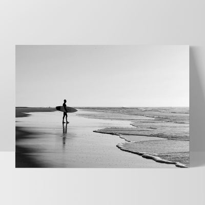 Lone Ocean Surfer B&W II - Art Print, Poster, Stretched Canvas, or Framed Wall Art Print, shown as a stretched canvas or poster without a frame