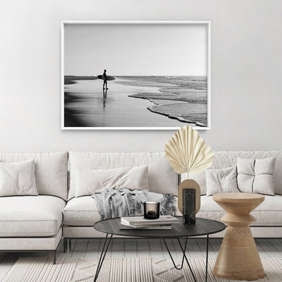 Lone Ocean Surfer B&W II - Art Print, Poster, Stretched Canvas or Framed Wall Art Prints, shown framed in a room