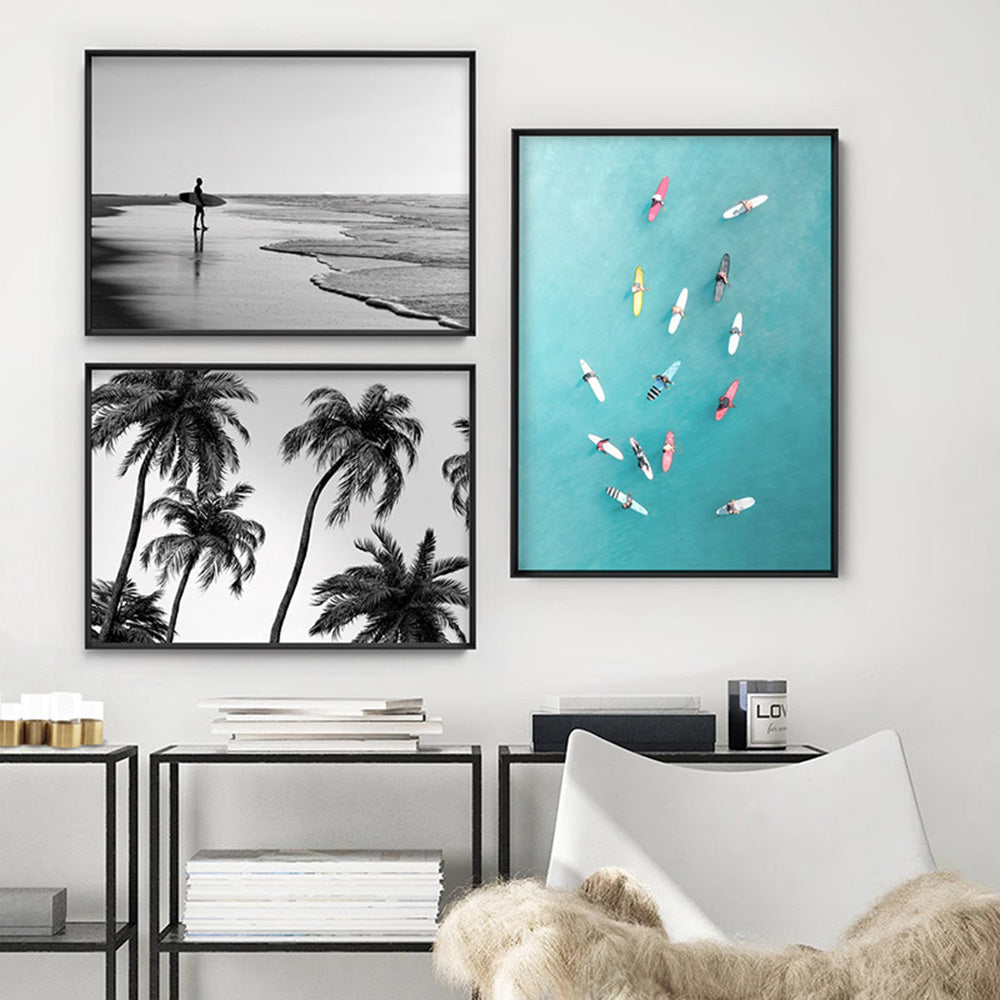 Lone Ocean Surfer B&W II - Art Print, Poster, Stretched Canvas or Framed Wall Art, shown framed in a home interior space