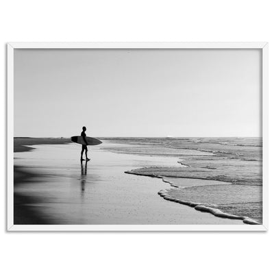 Lone Ocean Surfer B&W II - Art Print, Poster, Stretched Canvas, or Framed Wall Art Print, shown in a white frame
