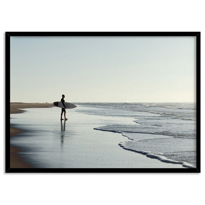 Lone Ocean Surfer - Art Print, Poster, Stretched Canvas, or Framed Wall Art Print, shown in a black frame