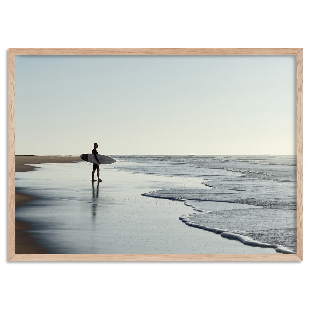 Lone Ocean Surfer - Art Print, Poster, Stretched Canvas, or Framed Wall Art Print, shown in a natural timber frame