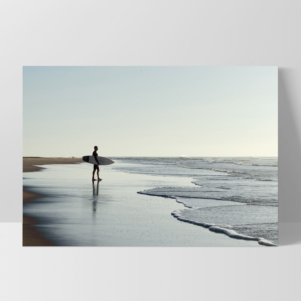 Lone Ocean Surfer - Art Print, Poster, Stretched Canvas, or Framed Wall Art Print, shown as a stretched canvas or poster without a frame