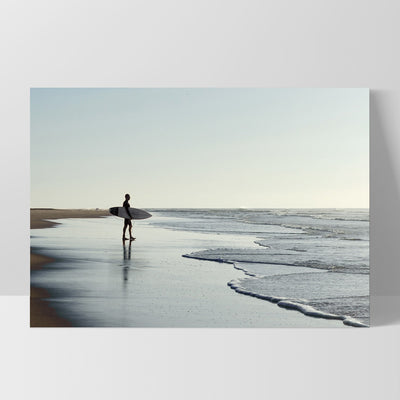 Lone Ocean Surfer - Art Print, Poster, Stretched Canvas, or Framed Wall Art Print, shown as a stretched canvas or poster without a frame
