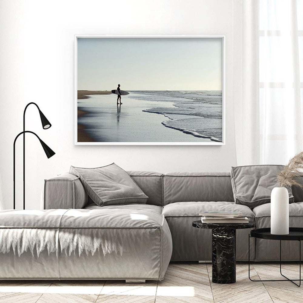 Lone Ocean Surfer - Art Print, Poster, Stretched Canvas or Framed Wall Art Prints, shown framed in a room