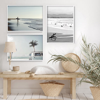 Lone Ocean Surfer - Art Print, Poster, Stretched Canvas or Framed Wall Art, shown framed in a home interior space