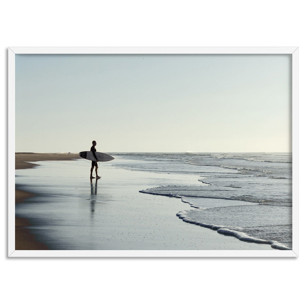 Lone Ocean Surfer - Art Print, Poster, Stretched Canvas, or Framed Wall Art Print, shown in a white frame