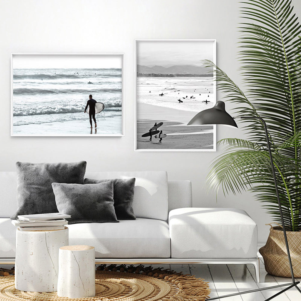 Into the Surf - Art Print, Poster, Stretched Canvas or Framed Wall Art, shown framed in a home interior space