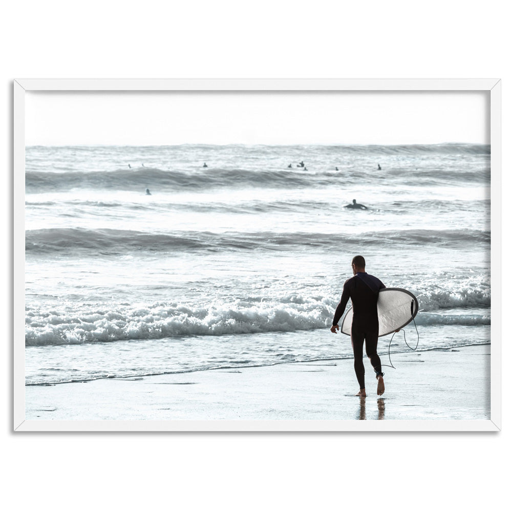 Into the Surf - Art Print, Poster, Stretched Canvas, or Framed Wall Art Print, shown in a white frame