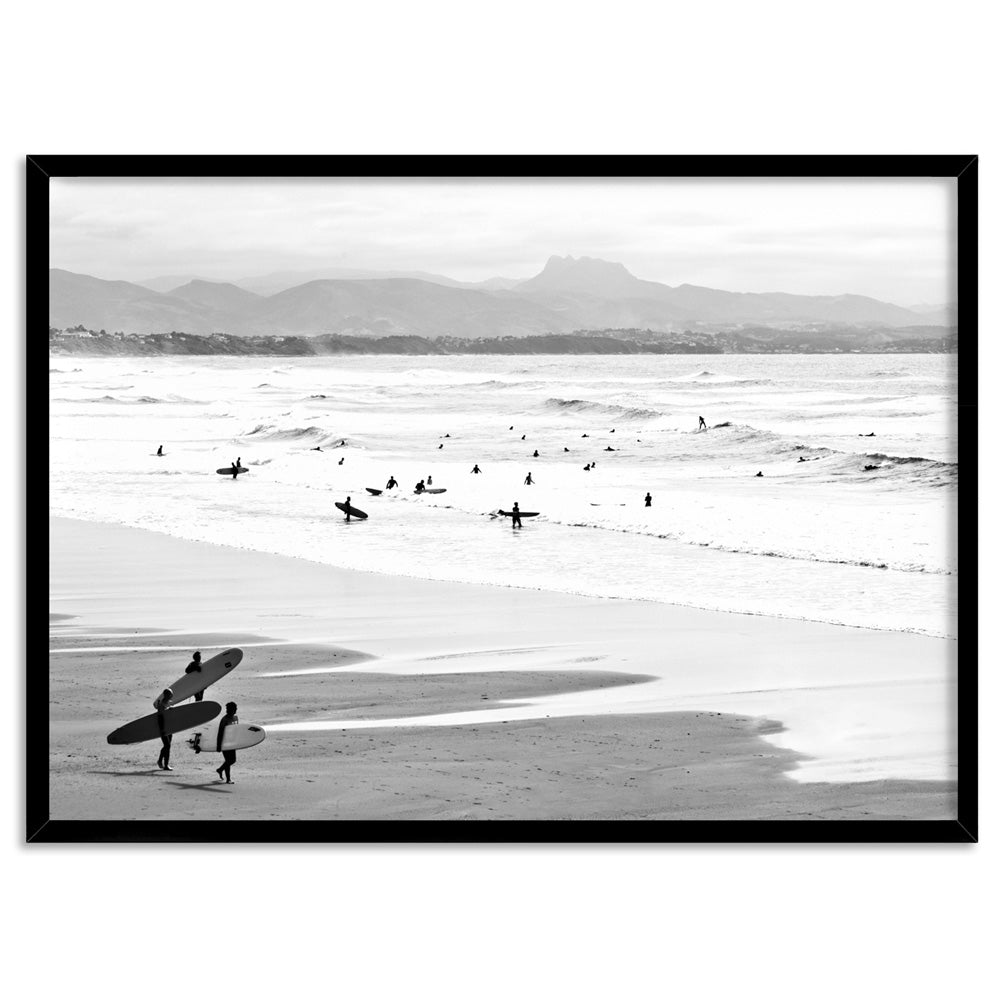 Catching the Surf B&W Landscape - Art Print, Poster, Stretched Canvas, or Framed Wall Art Print, shown in a black frame