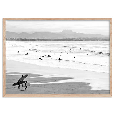 Catching the Surf B&W Landscape - Art Print, Poster, Stretched Canvas, or Framed Wall Art Print, shown in a natural timber frame