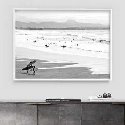 Catching the Surf B&W Landscape - Art Print, Poster, Stretched Canvas or Framed Wall Art Prints, shown framed in a room